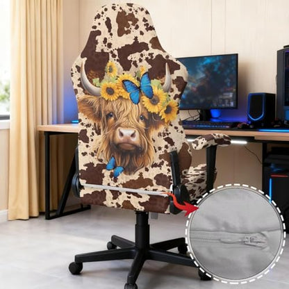 Suobstales Highland Cattle Butterfly Sunflower Pattern Gaming Chair Covers with Armrest Covers Office Desk Chair Cover Computer Chair Cover Stretch Gamer Chair Slipcovers Cat Scratch Proof - color: Highland Cattle Butterfly Sunflower