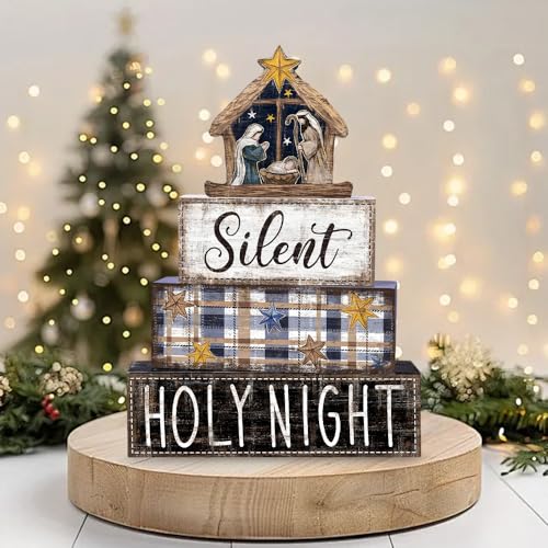 DIYDEC 4Pcs Christmas Table Decoration Christmas Jesus Wooden Block Sign Xmas Tiered Tray Decor Winter Centerpiece Decorative Sign for Holiday Tabletop Coffee Fireplace Shelf Desk Party Decor - style: Blue Jesus