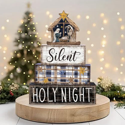 DIYDEC 4Pcs Christmas Table Decoration Christmas Jesus Wooden Block Sign Xmas Tiered Tray Decor Winter Centerpiece Decorative Sign for Holiday Tabletop Coffee Fireplace Shelf Desk Party Decor - style: Blue Jesus