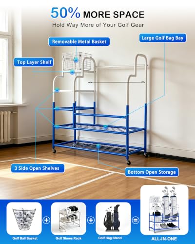 Golf Bag Storage Garage Organizer for 2 Bags, Golf Storage Rack with Wheels | 50% More Space Multi-Zone,All-In-One 5tier Compact,Extra Bottom Storage,4 360° Casters,Movable Basket,Small Garage,Heavy-Duty - size: 2 Golf Bag Rack丨36"(L)x15.8(W)"x44.6"(H)