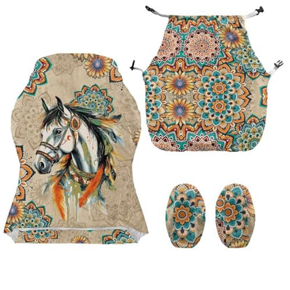 Horse Print Gaming Chair Covers Boho Mandala Flower Print Gamer Chair Cover Set with 2 Armrest Covers for Swivel Rotating Chairs, Machine Washable - color: Brown - Horse Boho Mandala Flower
