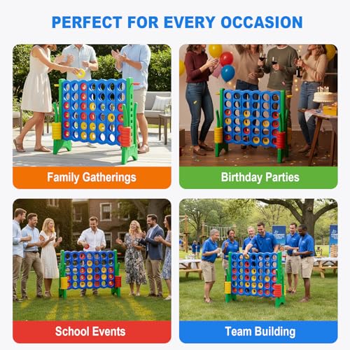 Giant 4 in a Row Game with Quick-Release Slider & Cup Holders, 43" Tall x 46.5" Wide Jumbo Yard Game, 46 Rings & Heavy-Duty Carrying Bag, Perfect for Parties and Camping - color: Blue+Green