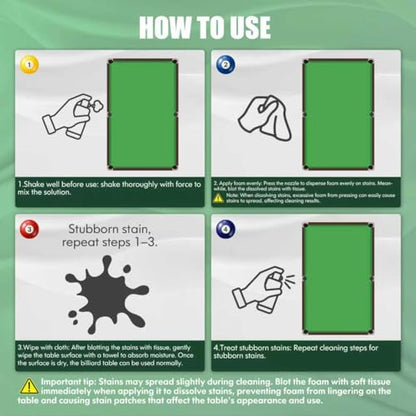 Billiard Table Felt Cleaner Spray Kit with Cloth, Pool Table Cleaning Kit for Chalk Dust, No Residue Foam Cleaner, Pool Table Accessories