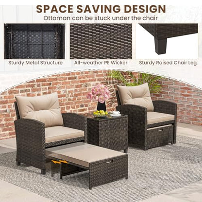 Tangkula 5 Pieces Patio Conversation Set, PE Wicker Rattan Outdoor Furniture Set with 2 Chairs, 2 Ottomans & Tempered Glass Coffee Table, Ideal for Poolside, Backyard, Lawn, Deck (Mix Brown & Beige) - color: Mix Brown & Beige