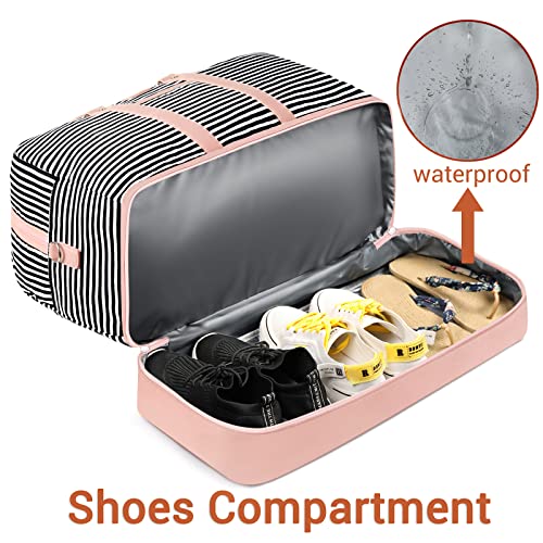 Weekender Bag for Women, Large Overnight Bag Canvas Travel Duffel Bag Carry On Tote with Shoe Compartment 21" 3Pcs Set - color: A07-pink+black & white stripes