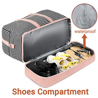 Weekender Bag for Women, Large Overnight Bag Canvas Travel Duffel Bag Carry On Tote with Shoe Compartment 21" 3Pcs Set - color: A07-pink+black & white stripes