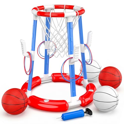 Pool Basketball Hoop, Floating Pool Toy for 3 4 5 6 7 8 9 Years Old Kids Ring Game with 4 Balls 8 Rings & Pump Outdoor Swimming Pool Basketball Games Water Play Toy Family Party for Kids Adults - style: Without Backboard