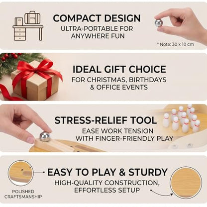 SUNGOOYUE Gifts Bowling Game Wooden Synthetic Desktop Alley with 10 Pins Ramp, Finger Stress Relief Roller for Adults Teens Break Room Mini Bowling Set, Tabletop Game Set
