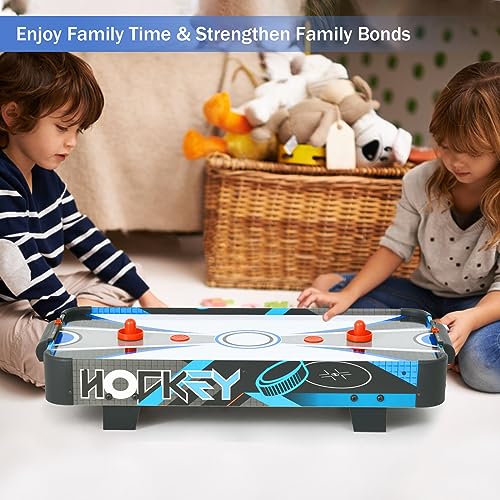 Table Top Air Hockey Table for Kids, 32” Mini Tabletop Air Hockey Game w/Electric Motor Fan, 2 Pushers and 2 Air Hockey Pucks, Great for Playing on The Floor, Tabletop (Blue & Gray)