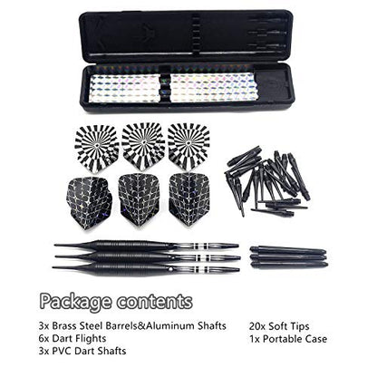 Soft Tip Darts Set for Electronic Dart Board 22g Plastic Tip Darts Set with Brass Barrels&Aluminum Shafts, 6 Flights 3 Spare Plastic Dart Shaft 20 Soft Tips Portable Case (22g-Silver&Black)