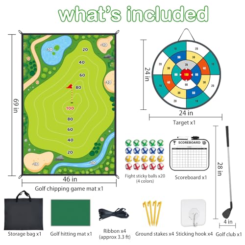 Golf Chipping Game Mat with Target, Hitting Mat, Practice Mat Outdoor & Indoor Golf Games for Kids & Adults,Sticky Score Playing Club & Balls for Backyard Garage Home Game
