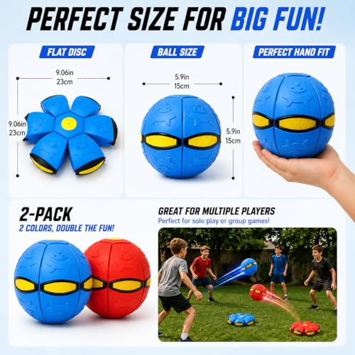 2 Pack LED Light Up 6-Lights Magic Bouncing Ball Toy, Transforming Flying Disc Ball, Pop-Up Rebound Ball, Outdoor Toss & Catch Interactive Sports Game for Backyard Play