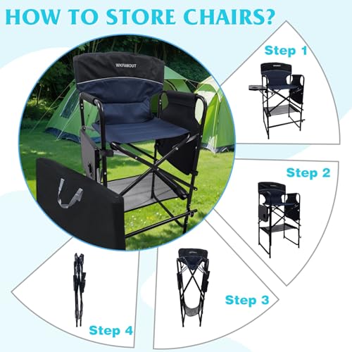 Tall Folding Director Chair 30.7" Seat Height Foldable Bar Stool for Makeup Artist Face Painting with Side Table Carry Bag and Cosmetic Bag Supports 350LBS - color: Navy-padded