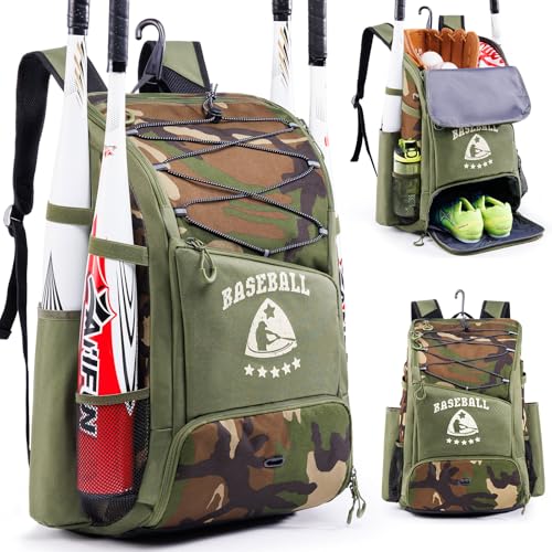 Baseball Bag for Youth & Adult with 4 Bat Sleeves - Softball Bat Bag with Shoe Compartment - Baseball Backpack for T-Ball, Softball Equipment, Baseball Gear, Baseball Bags for Boys 8-12 - color: Camo, size: Large