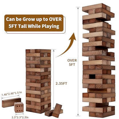 ApudArmis Giant Tumble Tower Stack to Over 5Ft, 56 PCS Pine Wooden Stacking Timber Game with 1 Dice Set - Classic Block Giant Outdoor Game (7.48 * 2.48 * 1.5In Each Block, Brown) - color: Brown, size: XL-Over 5FT