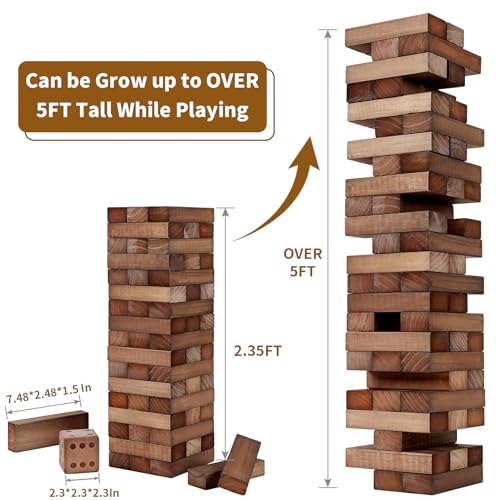 ApudArmis Giant Tumble Tower Stack to Over 5Ft, 56 PCS Pine Wooden Stacking Timber Game with 1 Dice Set - Classic Block Giant Outdoor Game (7.48 * 2.48 * 1.5In Each Block, Brown) - color: Brown, size: XL-Over 5FT