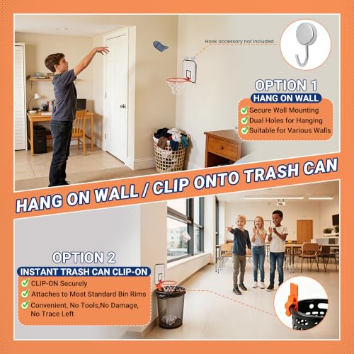 Mini Basketball Hoop Trash Can Set,Indoor Wall-Mounted Basketball Hoop Set with Quite Foam Ball,8.5" Clip-On Backboard for Office Bedroom Classroom-Basketball Gifts for All Ages