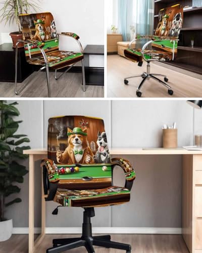 Animal Playing Billiards Office Chair Cover with Armrest Covers, Abstract Dog Universal Stretch Desk Rotating Chair Slipcovers, Board Games Removable Seat Protector with Zipper, M - color: Dark Green Brown, size: Medium & 2PCS Armrest Covers