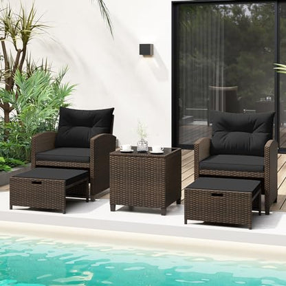 Tangkula 5 Pieces Patio Conversation Set, PE Wicker Rattan Outdoor Furniture Set with 2 Chairs, 2 Ottomans & Tempered Glass Coffee Table, Ideal for Poolside, Backyard, Lawn, Deck, Mix Brown & Black - color: Mix Brown & Black
