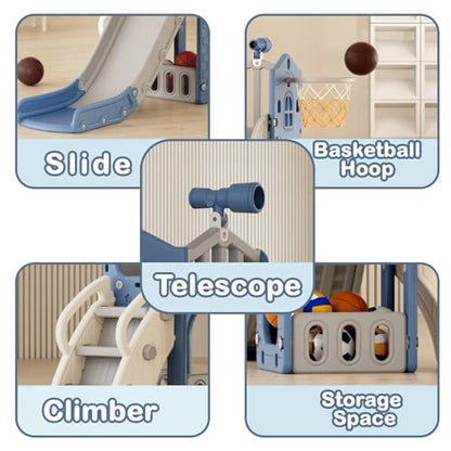 YUFU 5 in 1 Toddler Slide, Kids Slide with Climber, Basketball Hoop and Ball, Outdoor Indoor Playset for Toddlers Age 1-3 (Blue+Gray) - color: Blue+gray