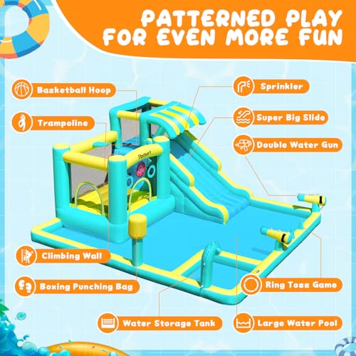 FBSPORT Inflatable Bounce House Water Slide, Widen Water Slide Park 10-in-1 Bounce House with 480W Blower, Jumping, Climbing, Splash Pool, Bouncy Castle for Kids 3-10 Backyard Party Outdoor Indoor