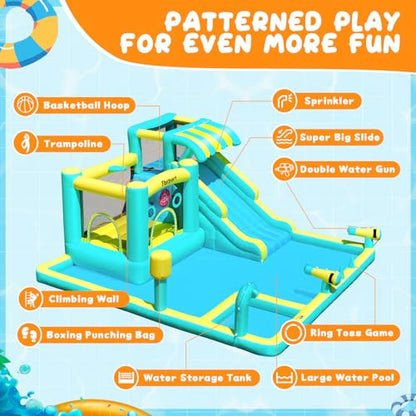 FBSPORT Inflatable Bounce House Water Slide, Widen Water Slide Park 10-in-1 Bounce House with 480W Blower, Jumping, Climbing, Splash Pool, Bouncy Castle for Kids 3-10 Backyard Party Outdoor Indoor