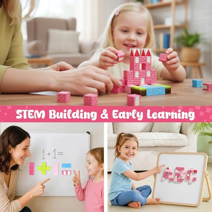 3 otters 32PCS Magnetic Building Blocks Princess Castle Travel Set, STEM Magnet Cubes Toys with Metal Storage Box for Kids, Birthday Gifts for Toddler Girls - style: Fantasy Castle