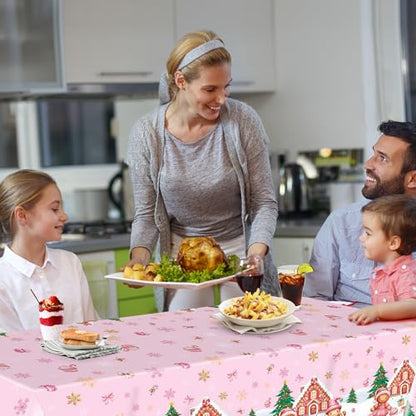 Gingerbread Christmas Tablecloths 3 Pack,Pink Disposable Plastic Christmas Table Covers 54 x 108 Inch with Gingerbread Man,House,Candy Snowflake Holiday Party Decorations - color: Christmas Pink Gingerbread
