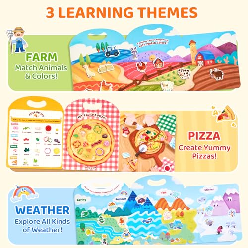 JoyCat Reusable Sticker Book Set (3-Pack): Farm, Pizza-Making, Weather - 90 Pcs Stickers for Toddlers, Kids Sticker Activity Book, Road Trip Travel Toys, Birthday Gifts for Boys and Girls - style: 3-Pack: Weather, Farm, Pizza