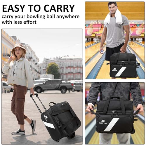 Bowling Bag with Wheels Double Roller 2 Ball Bowling Separate Shoe Compartment and Oversized Accessory Pocket, 36.6" Extendable Handle. - color: BLK