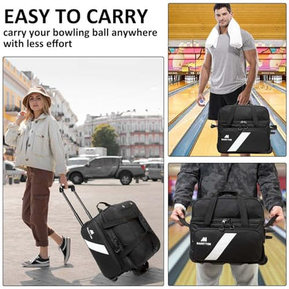 Bowling Bag with Wheels Double Roller 2 Ball Bowling Separate Shoe Compartment and Oversized Accessory Pocket, 36.6" Extendable Handle. - color: BLK