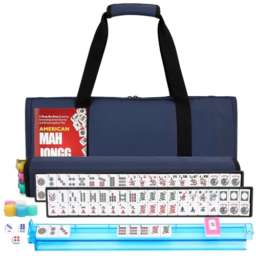 American Mahjong Tile Set,166 White Tiles Mahjong Set,4 Colors Mahjong Racks,Travel Mahjong Set with Blue Carrying Bag - style: Blue Bag--White
