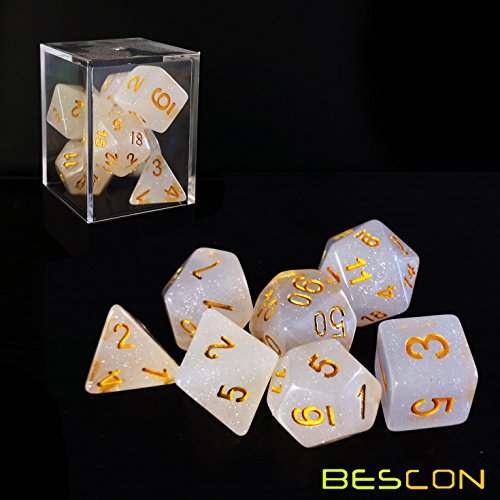 Bescon Intensive Glitter DND Dice 7pcs Set Veil Mist, New Glitter Polyhedral Die Set d4 d6 d8 d10 d12 d20 d%, Brick Box Package - color: Veil Mist Set