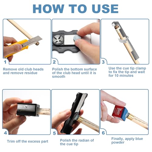 36pcs Pool Cue Repair Kit 12 Billiard Cue Tips, 2 Pool Cue Tip Clamps, 5 Ferrules, 12 Chalk Cubes 2 Cue Tips Trimmers,1 5in1 Pool Cue Tips Repair Tool, Billiard Cues Replacement Accessories