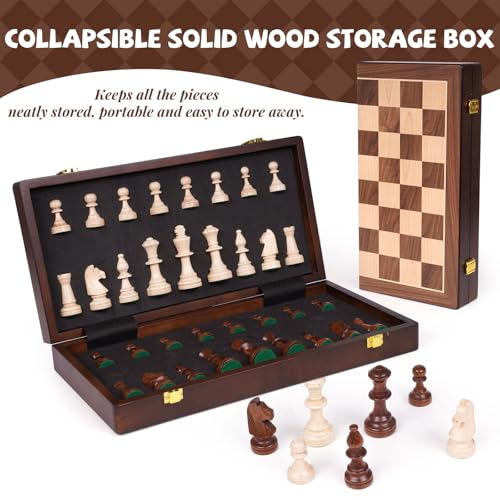 Large 17-Inch Wooden Chess Set – Folding Chess Board with Solid Wood Pieces, Oversized 3.5” King, Two Extra Queens, Premium Gift Chess Set for Adults Classic Strategy Game