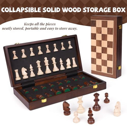 Large 17-Inch Wooden Chess Set – Folding Chess Board with Solid Wood Pieces, Oversized 3.5” King, Two Extra Queens, Premium Gift Chess Set for Adults Classic Strategy Game