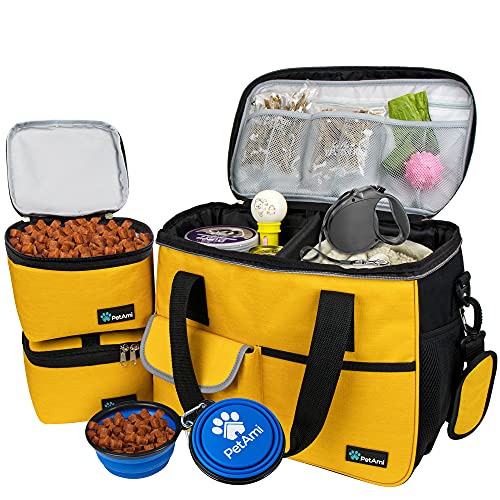 PetAmi Dog Travel Bag Organizer, Pet Travel Kit with 2 Food Containers & 2 Collapsible Dog Bowls, Pet Supplies Tote with Luggage Sleeve, Weekend Road Trip Camping Essentials, Yellow, Medium - color: Yellow, size: Medium - 14.5"L x 8"W x 12.0"H