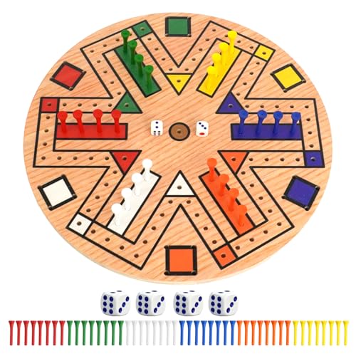 Wooden 3-6 Players Board Game Set with 48 Pieces and 4 Dice 13.7 Inch Painted Wooden Board Game for Adult Teen Family (6 Colors)