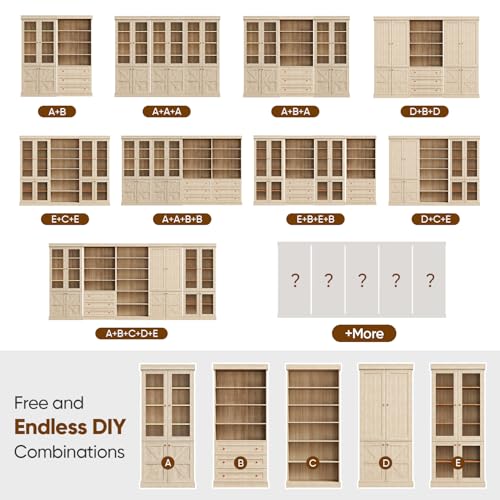 Vyre 70.8" Tall Brown Bookshelf with Glass Doors, Farmhouse Modular Bookcase with 6-Tier Adjustable Shelves, Large Storage Cabinet for Home Office, Living Room, Set of 2 - color: Brown