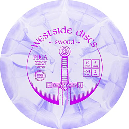 Westside Discs Origio Burst Sword Disc Golf Disc | User Friendly and Controllable Disc Golf Disc | Straight Flying Distance Driver | 170g Plus | Stamp Color Will Vary (Purple) - color: Purple