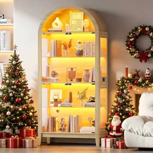 Lvifur Display Cabinet with -Glass Door, 5-Tier 68.9" Arched Curio Cabinet with RHB Lights for Collectibles,LED Display Case with Glass Shelves, Motion Sensor, Storage Cabinets,Bookcase,Natural - color: Natural-archedb