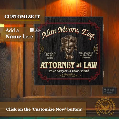 Personalized Dart Board Cabinet Set with 6 Steel Tip Darts, Paper Fibre Dartboard, Chalk & Eraser (21.5 x 21.5 x 2.75") - Occupational Man Cave Dart Boards for Adults - Attorney at Law (403) - style: Attorney at Law Dartboard & Cabinet Set