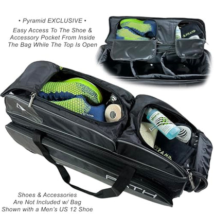 Pyramid Path Triple Premium Deluxe Roller Bowling Bag With Extra Large Separate Shoe Compartment (Up To US Mens Size 16) and 5 Accessory Pockets, 5" Wheels, Retractable Locking Handle - Extends to 42" - color: Black/Hot Pink