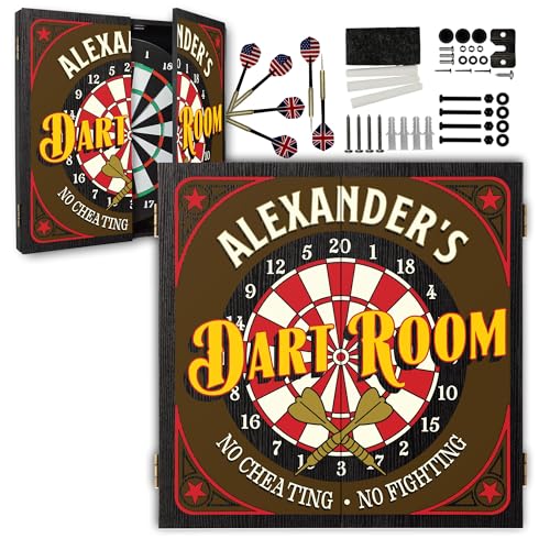 Personalized Dart Board Cabinet Set with 6 Steel Tip Darts, Paper Dartboard, Chalk & Eraser (21.5 x 21.5 x 2.75) - Man Cave Dart Boards for Adults - style: Dart Room