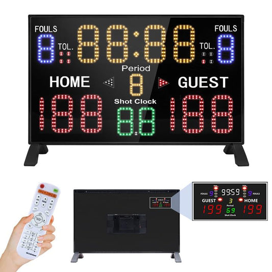 LUCKY TIME Basketball Scoreboard with Shot Clock, 12/14/24/30/25/60 Seconds, Upgraded Thickening Digital Scoreboard with Remote, Battery Powered Electronic Scoreboard for Indoor Outdoor - style: Double-Sided (Remote / Battery)