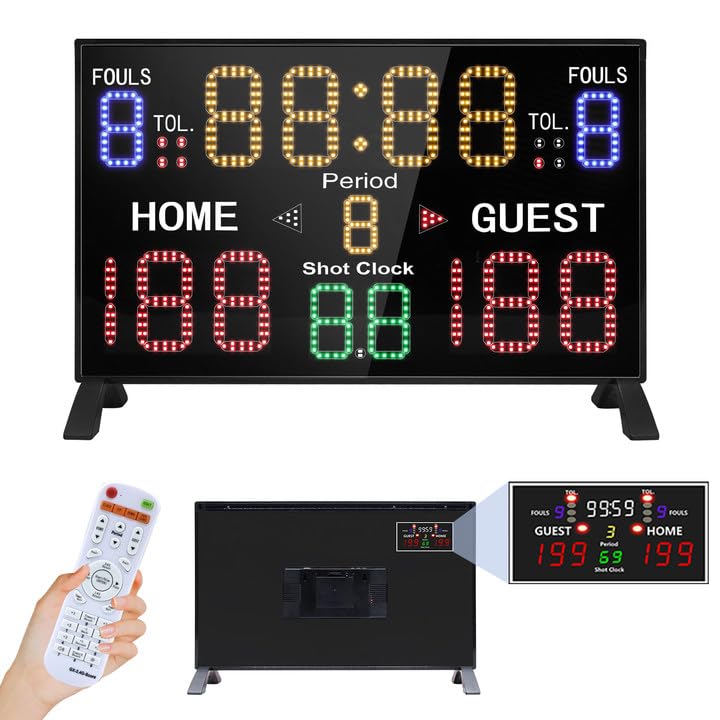 LUCKY TIME Basketball Scoreboard with Shot Clock, 12/14/24/30/25/60 Seconds, Upgraded Thickening Digital Scoreboard with Remote, Battery Powered Electronic Scoreboard for Indoor Outdoor - style: Double-Sided (Remote / Battery)