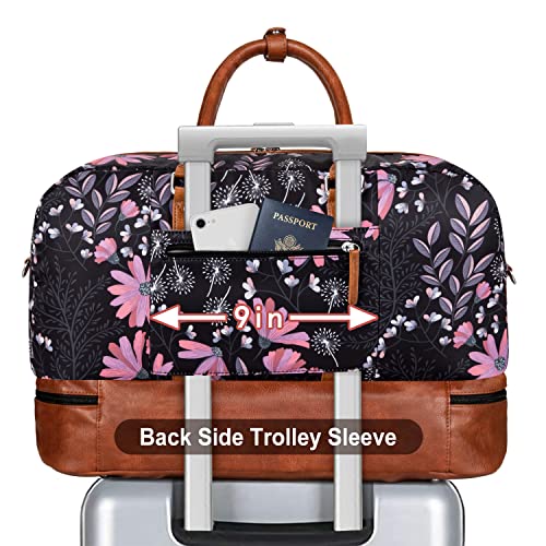 Weekender Bag for Women, Large Overnight Bag Canvas Travel Duffel Bag Carry On Tote with Shoe Compartment 21" 3Pcs Set - color: A08-brown+black flower