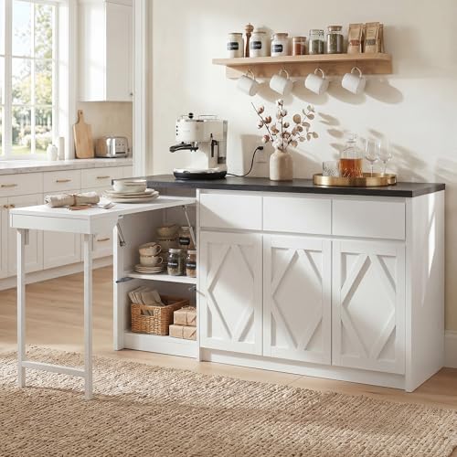 63" White Buffet Cabinet with Storage, Kitchen Sideboard with Folding Table | Modern Console Credenza with Drawers & Doors, Coffee Bar Cabinet for Dining Room, Entryway & Living Room