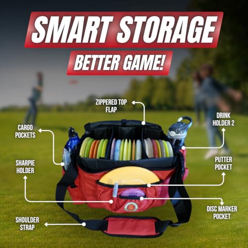 Disc Golf Bag with Removeable Cooler,13 Disc Capacity with Insulated Cooler for a 6-Pack,22 disc max,Adjustable Backpack Strap Included - color: RED