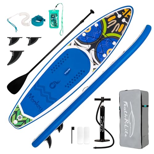 FEATH-R-LITE Inflatable Paddle Board Stand Up Paddleboards for Adults SUP with Premium Accessories Pump, Adjustable Paddle, Leash, Three Fins, Backpack - style: Blue Monkey